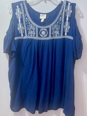 St John's Bay Cold Shoulder Embroidered Navy Women’s Top, Size XXL